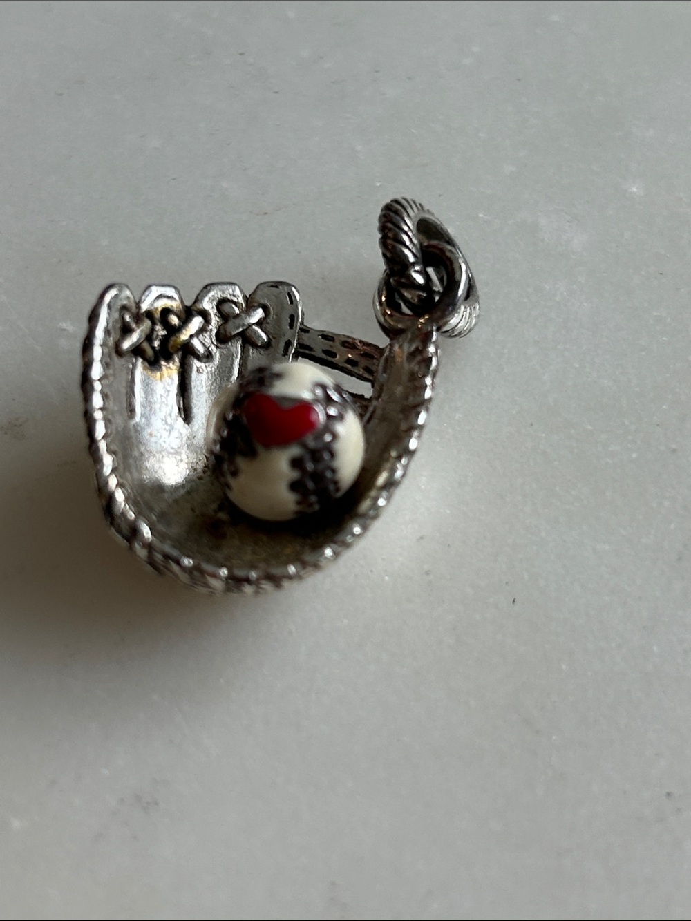 Silver Plate Brighton Baseball Glove Charm with Red-Heart Baseball